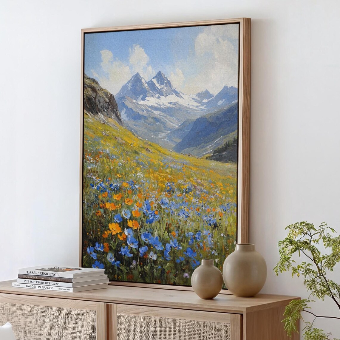 Alpine Meadow Wildflowers With Snowy Mountain Peaks Landscape Poster