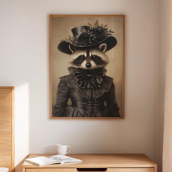 Victorian Raccoon Wall Art Gothic Animal Portrait In Black Lace Dress And Hat With Roses Whimsical Vintage Canvas Home Decor