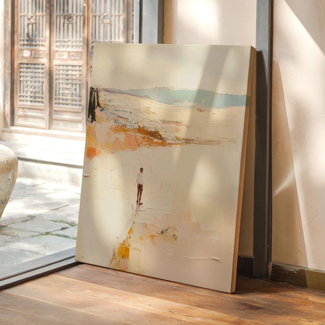 Minimalist Coastal Abstract Lone Figure Standing On Textured Beach Poster