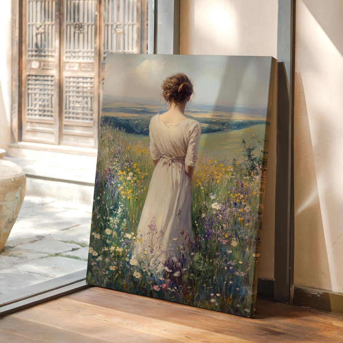 Woman In Cream Dress Standing In Wildflower Field Scenic View Poster