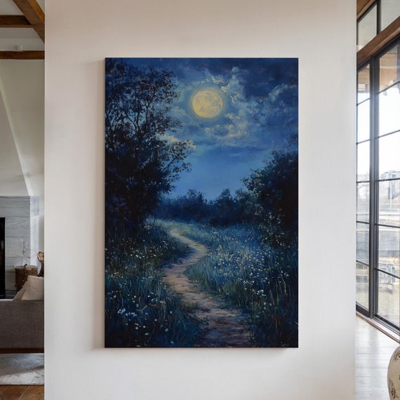Moonlit Meadow Art Enchanting Night Path Landscape Wall Decor Serene Blue Nature Scene Peaceful Forest Trail Artwork