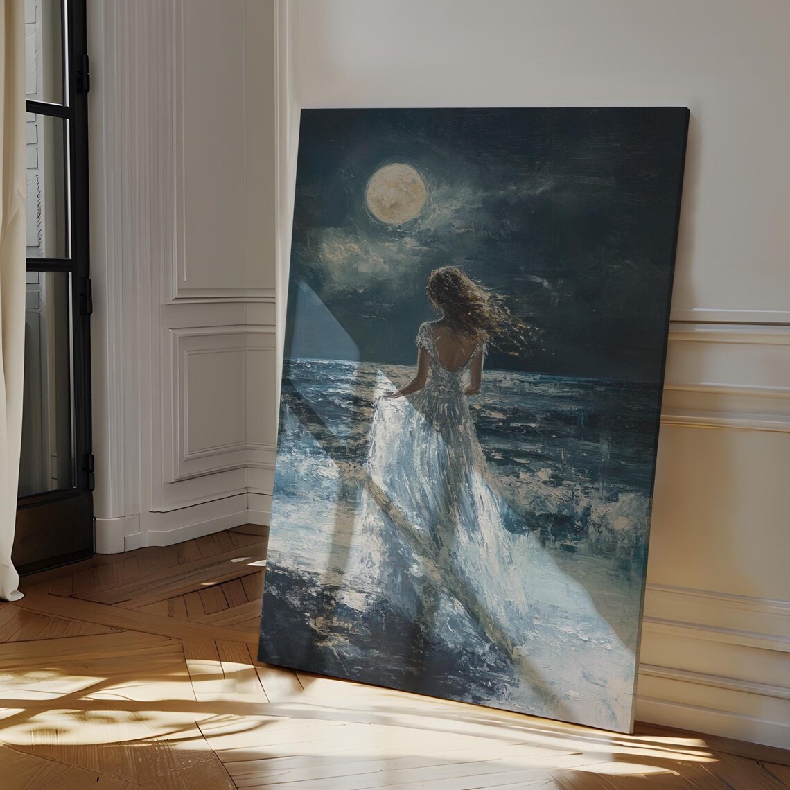 Woman in White Gown Under Full Moon by the Night Ocean Poster