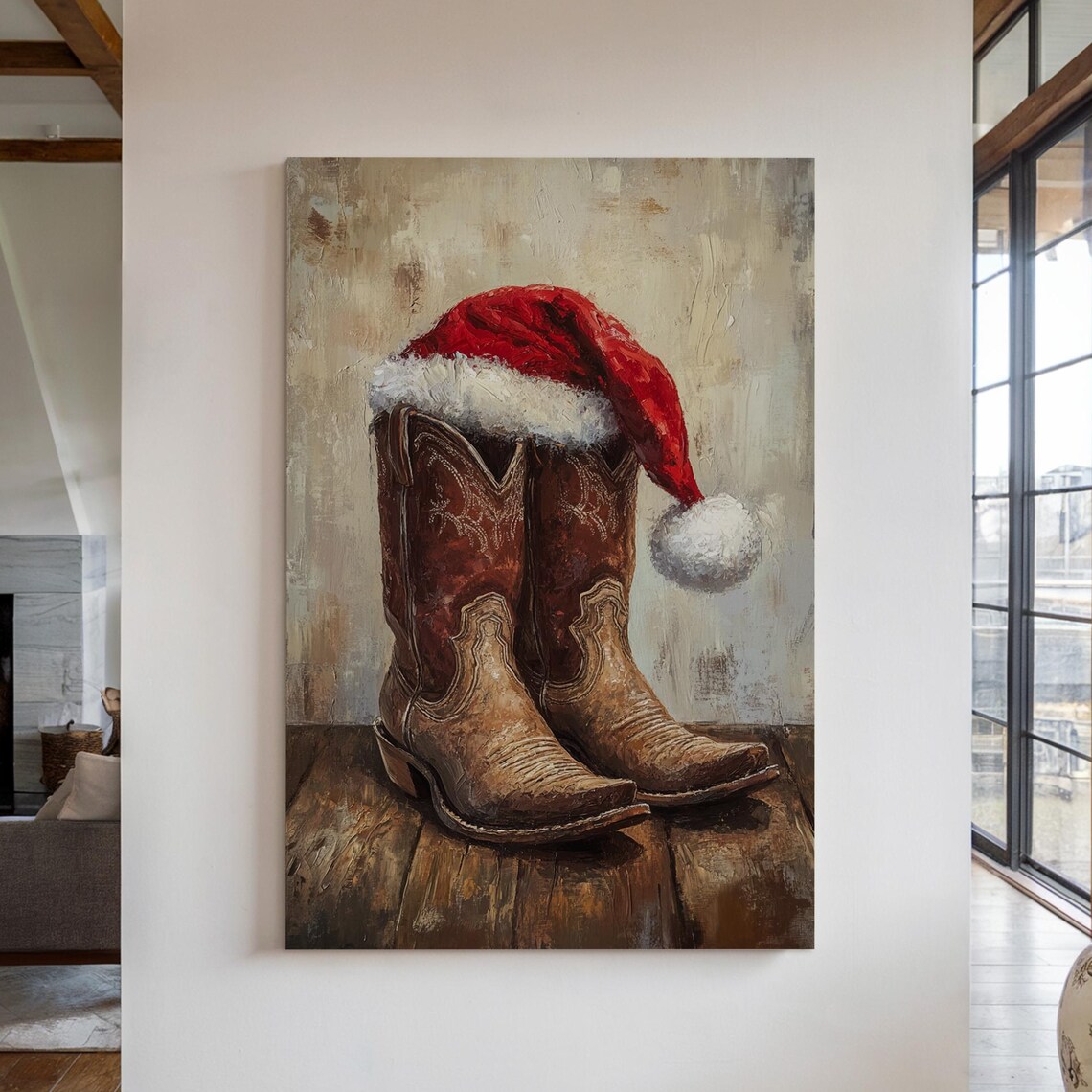 Rustic Cowboy Boots with Santa Hat Christmas Western Painting Poster