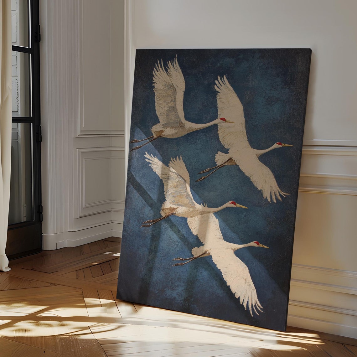 Four Flying White Cranes On Deep Navy Vintage Bird Art Poster