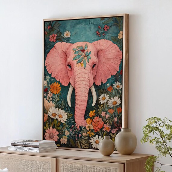 Pink Elephant In Wildflower Garden Whimsical Floral Art Poster