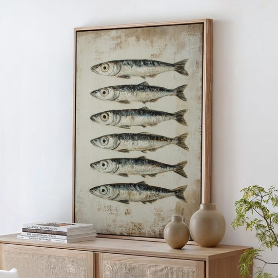 Vintage Fish Art Coastal Kitchen Decor Rustic Seafood Painting Print Nautical Wall Art Farmhouse Coastal Style Poster