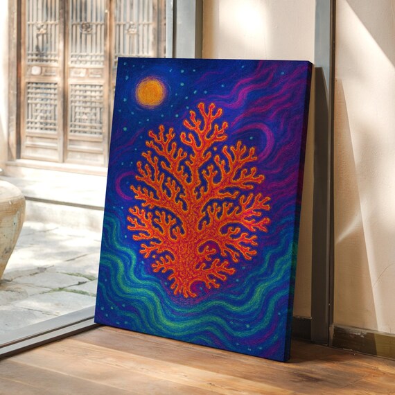 Vibrant Red Coral Moonlight Psychedelic Ocean Night Reef Poster