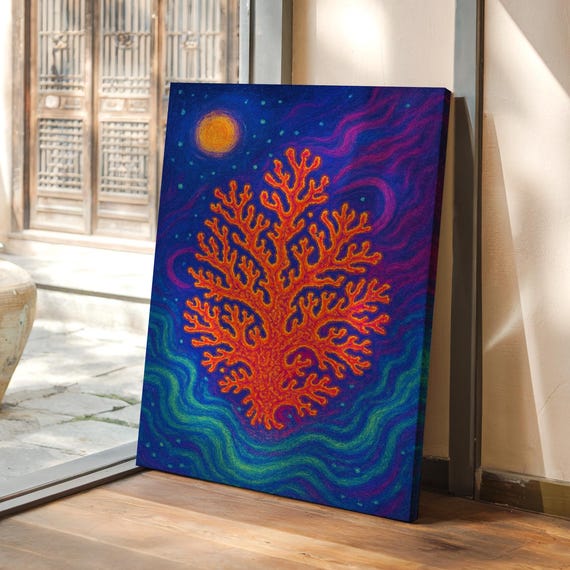 Vibrant Red Coral Under Moonlight Psychedelic Ocean Reef Canvas With Swirling Night Sky And Deep Sea Fantasy