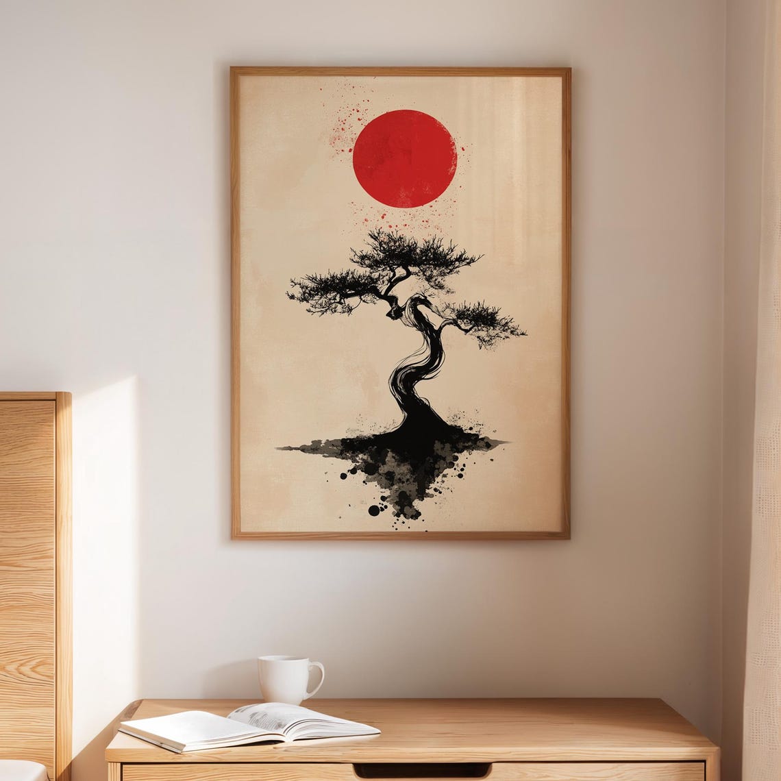 Japanese Bonsai Ink Tree With Red Sun Minimalist Sumi E Poster
