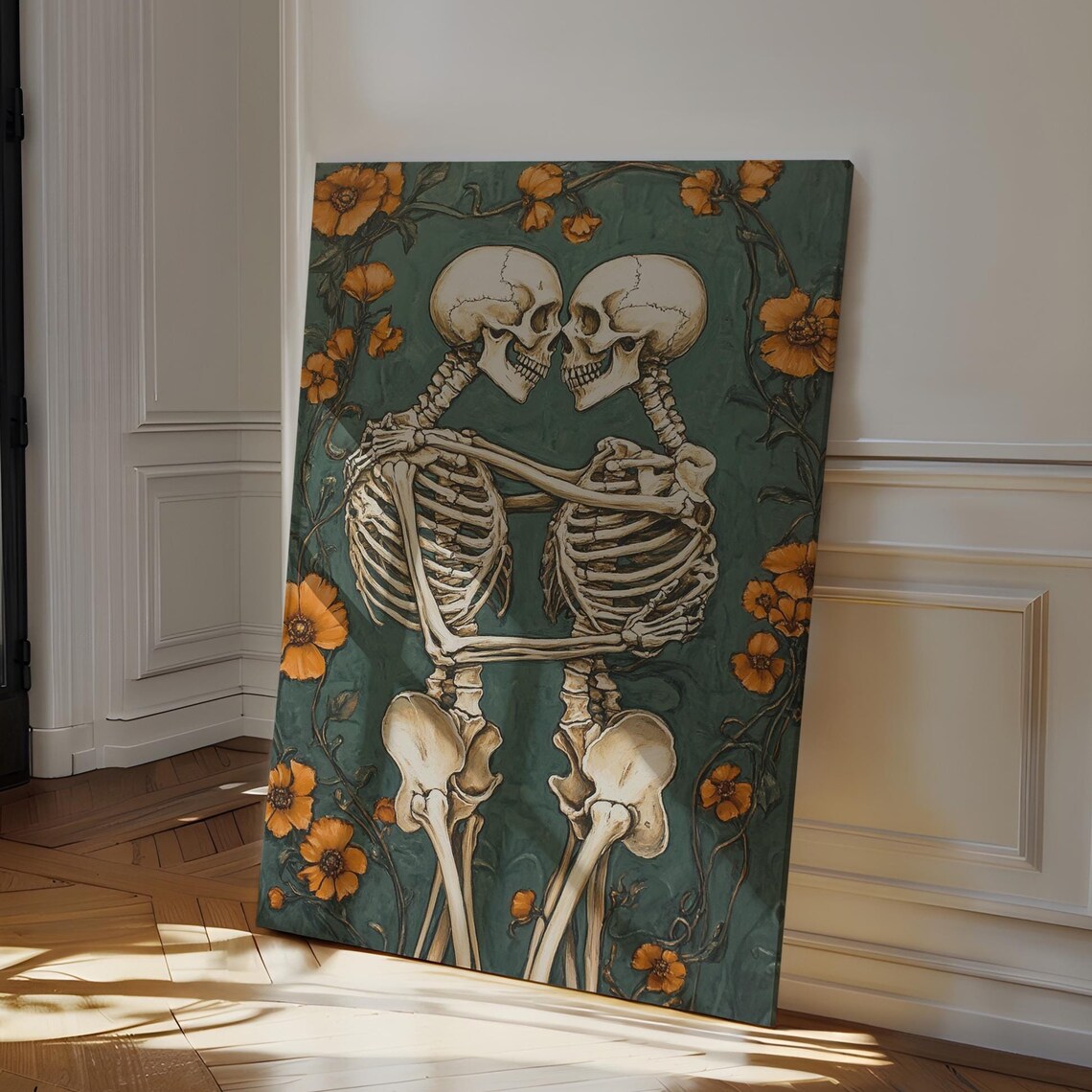 Embracing Skeletons Halloween Romantic Gothic Couple Art Poster