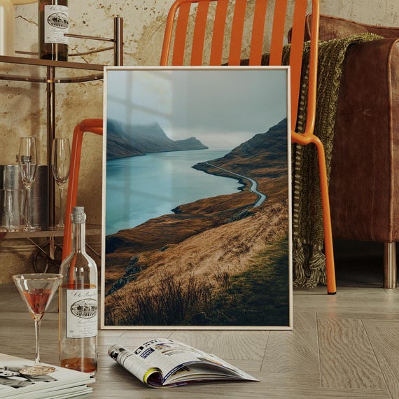Moody Coastal Road By The Fjord Scenic Landscape Canvas Wall Art With Misty Mountains And Serene Water