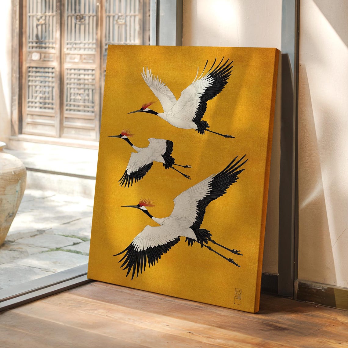 Three Red Crowned Cranes in Flight Gold Leaf Japanese Art Poster