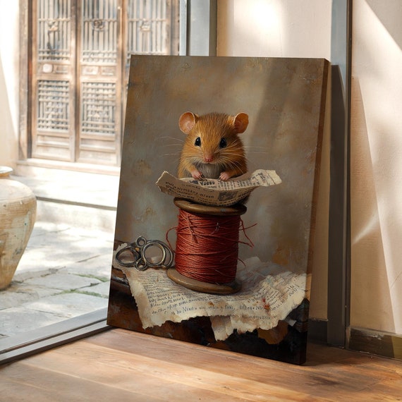 Vintage Mouse Oil Painting Cute Animal Wall Art Rustic Sewing Room Decor Whimsical Rodent Illustration Cottagecore Mouse