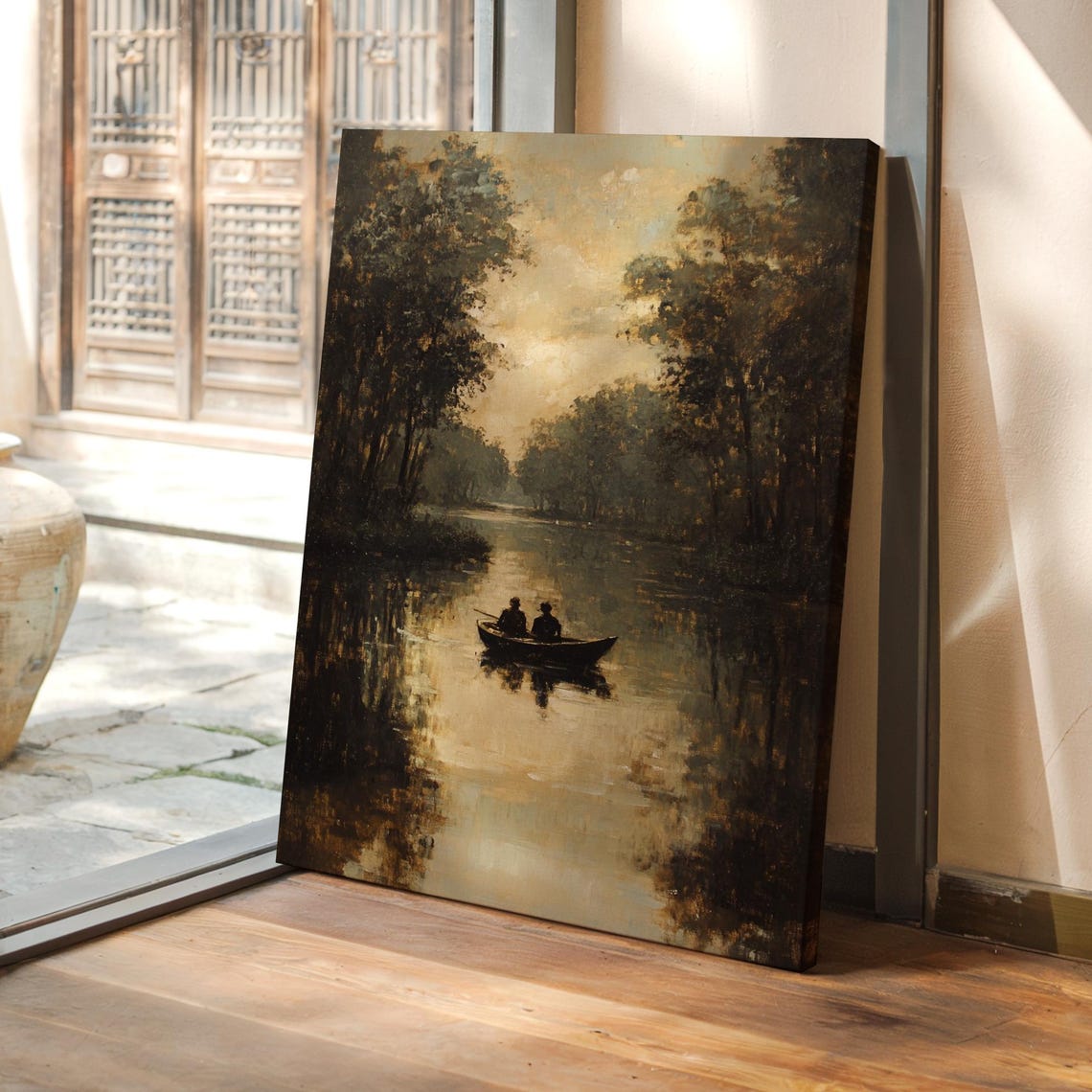 Two Men In Rowboat On Calm River At Sunset Vintage Art Poster