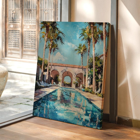 Elegant Mediterranean Pool Serene Villa Retreat With Palm Trees Archways And Bright Blue Sky For Luxe Tropical Wall Art
