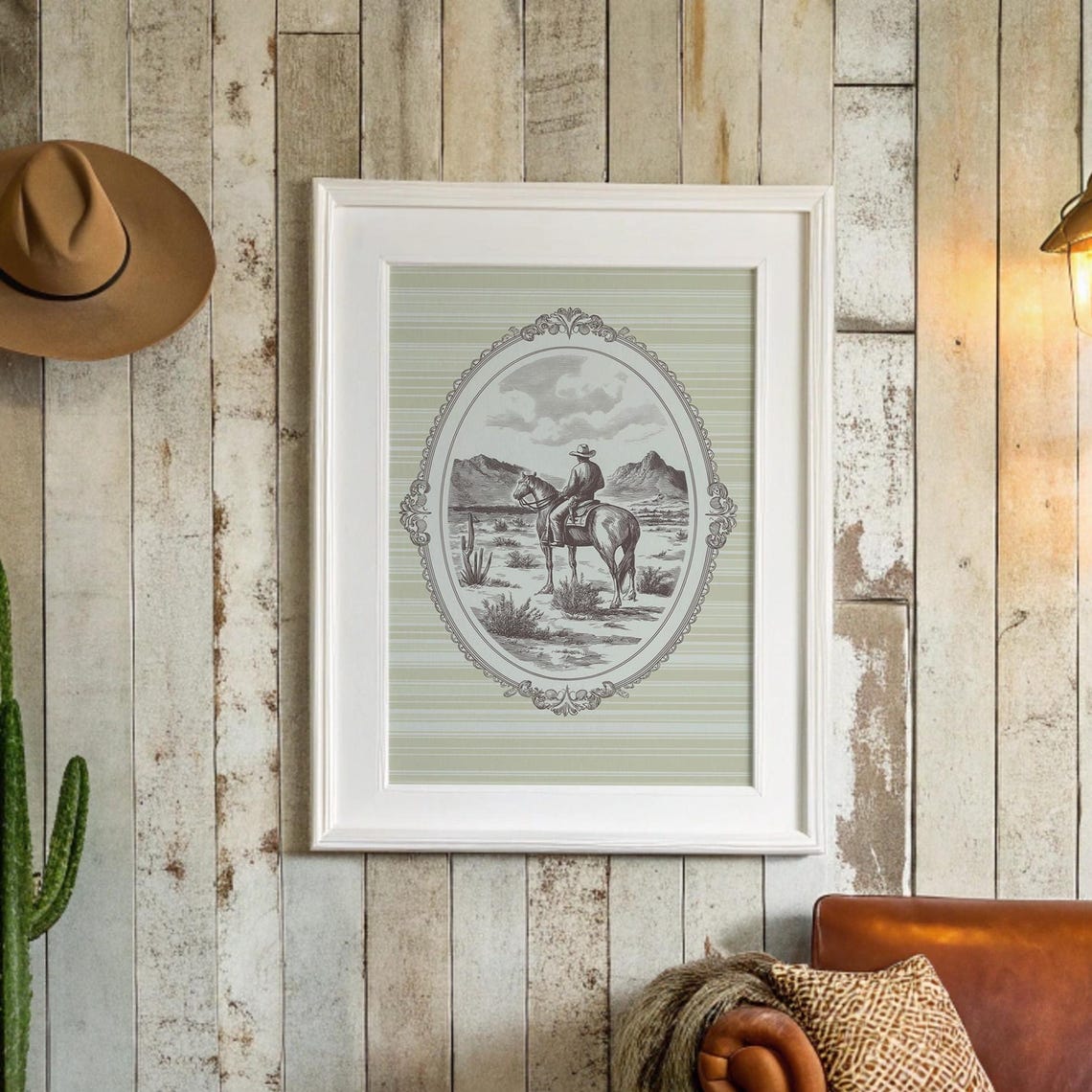 Cowboy On Horseback Desert Engraving Style Vintage Western Print