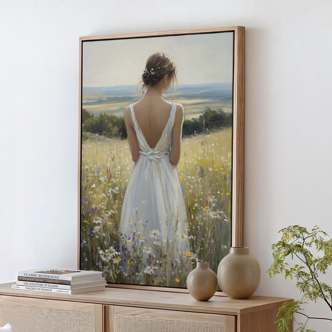 Woman In White Dress Wildflower Meadow Overlooking Valley Poster