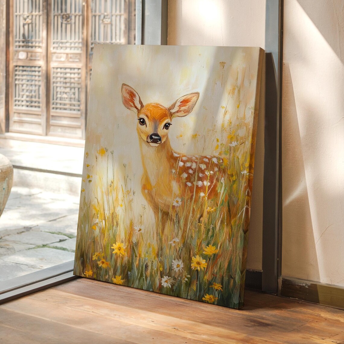 Baby Deer in Wildflower Meadow, Rustic Painting