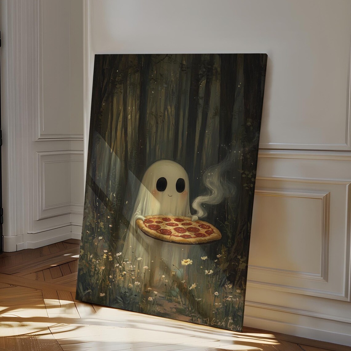 Adorable Ghost With Pizza, Enchanted Forest Art Print