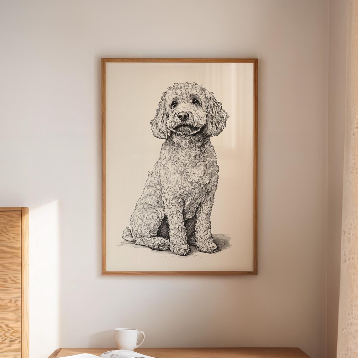 Sitting Cream Doodle Dog Ink Line Sketch Portrait Pet Poster