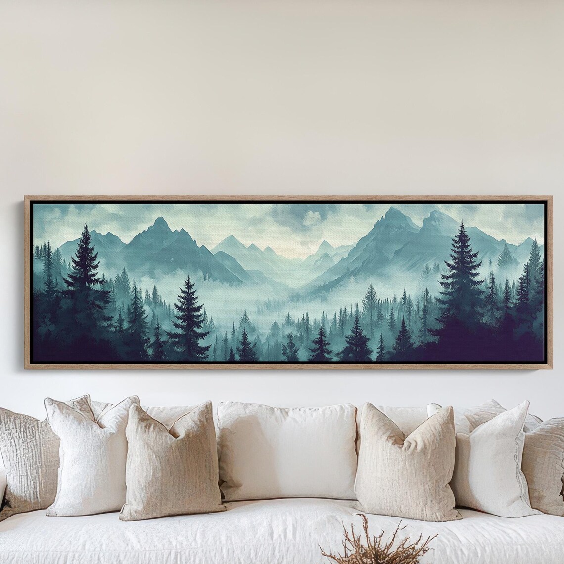 Misty Pine Forest Foggy Mountain Peaks Teal Wilderness Scenic Poster