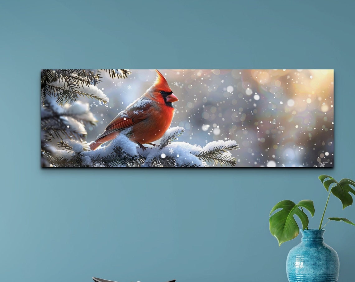Red Cardinal Perched on a Snow Covered Pine Branch Panoramic Poster