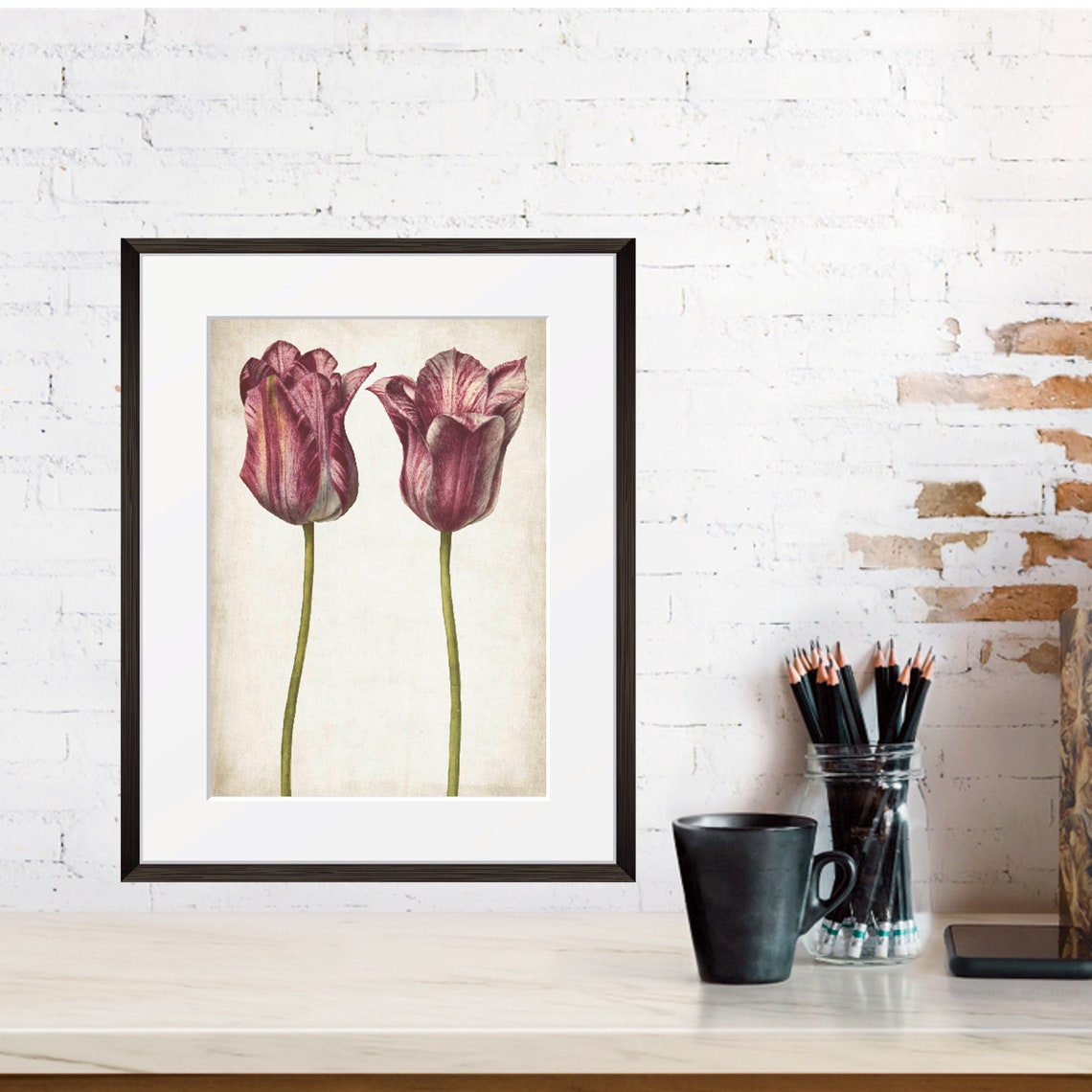 Vintage Purple Striped Tulips Botanical Illustration Flower Art Poster - Image 2