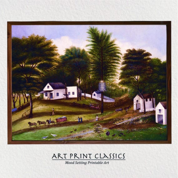 Folk Art Landscape Countryside Scene Primitive Landscape Painting Rustic Farmhouse Wall Art Print Na8