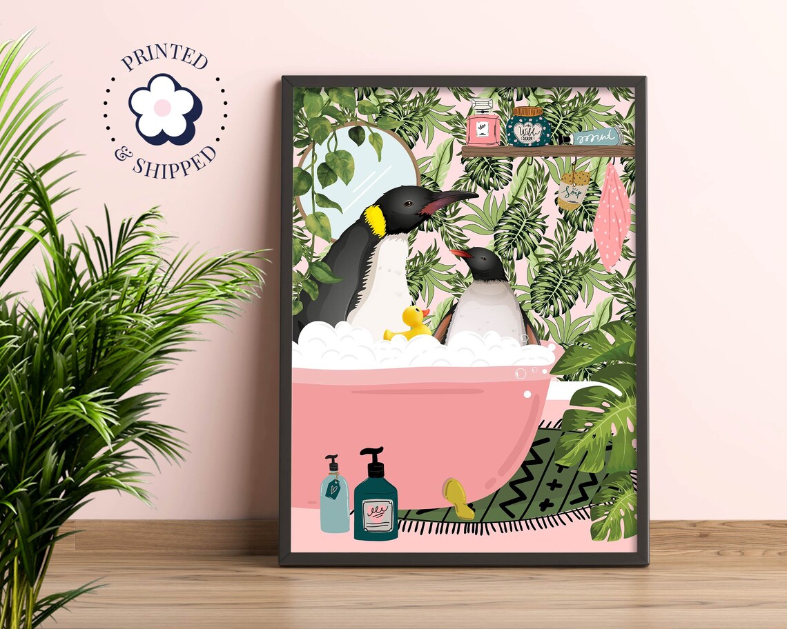 Penguin Bathroom Wall Art, Funny Animal Toilet Decor