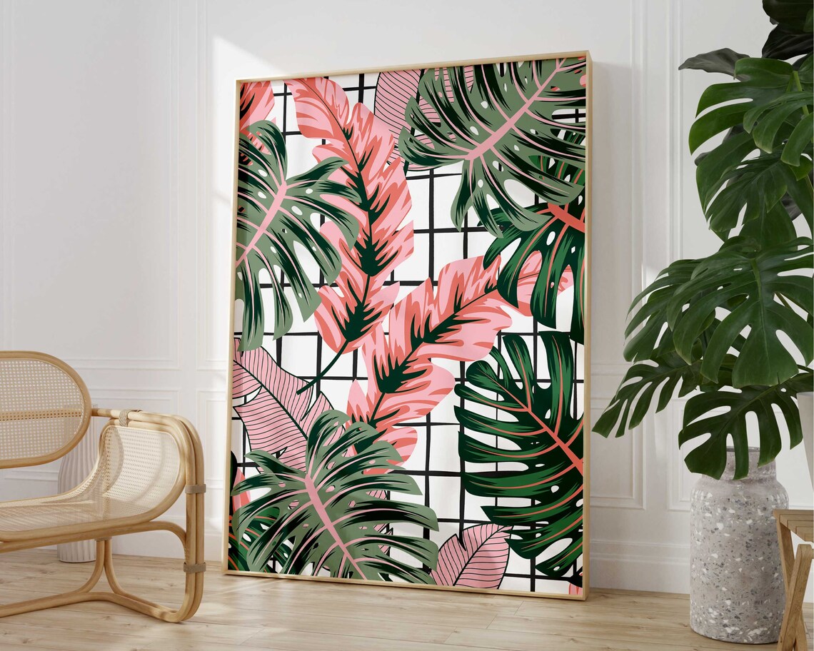 Abstract Tropical Leaves Pink Rainforest Botanical Print