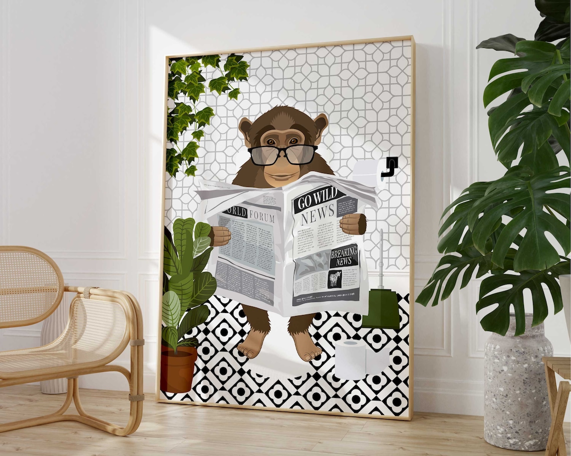 Monkey On Toilet Black And White Bathroom Art Print