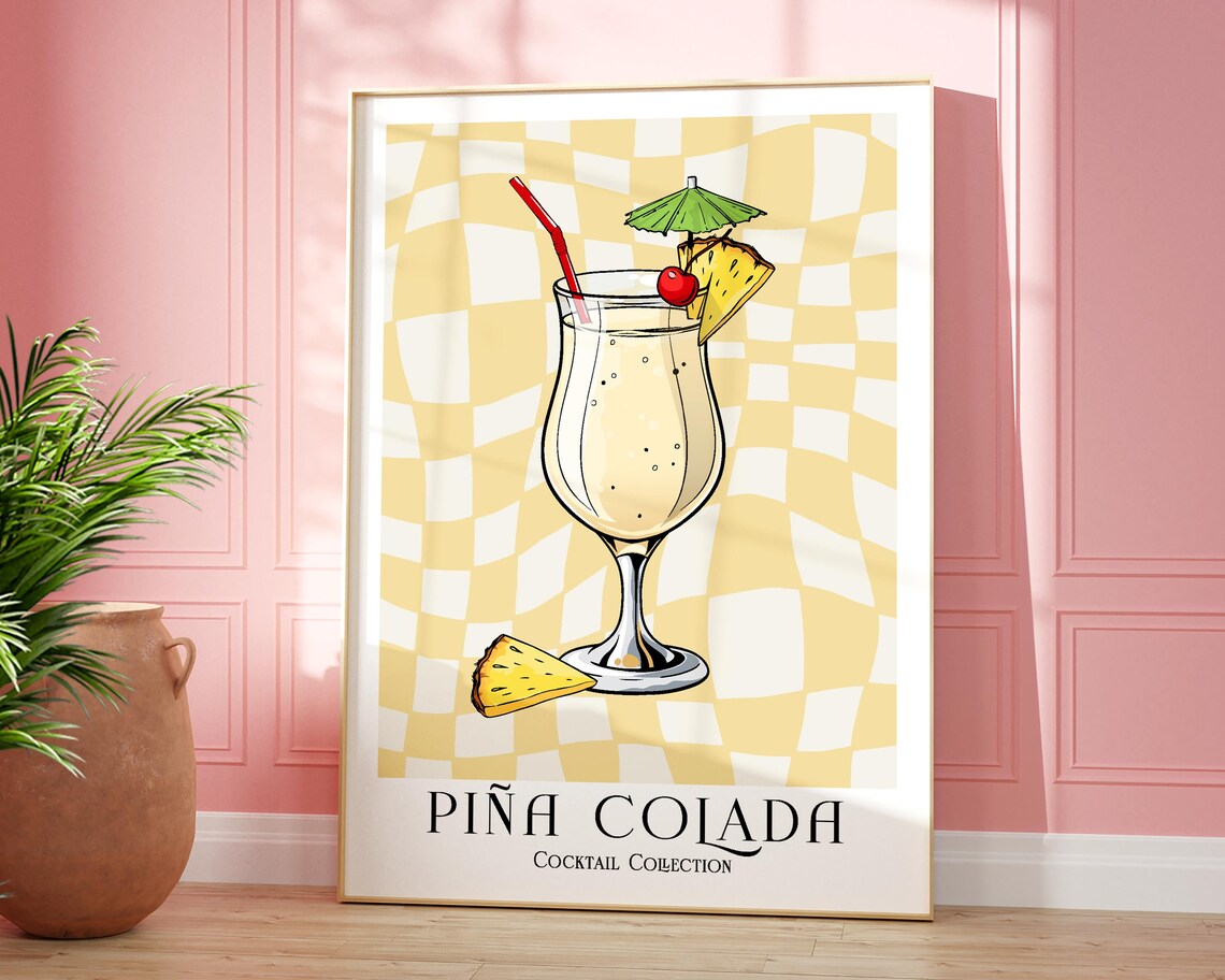 Piña Colada Cocktail Retro Poster Tropical Bar Cart Drink Art Collection