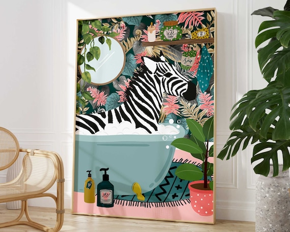 Zebra In Bathtub Maximalist Bathroom Art Print