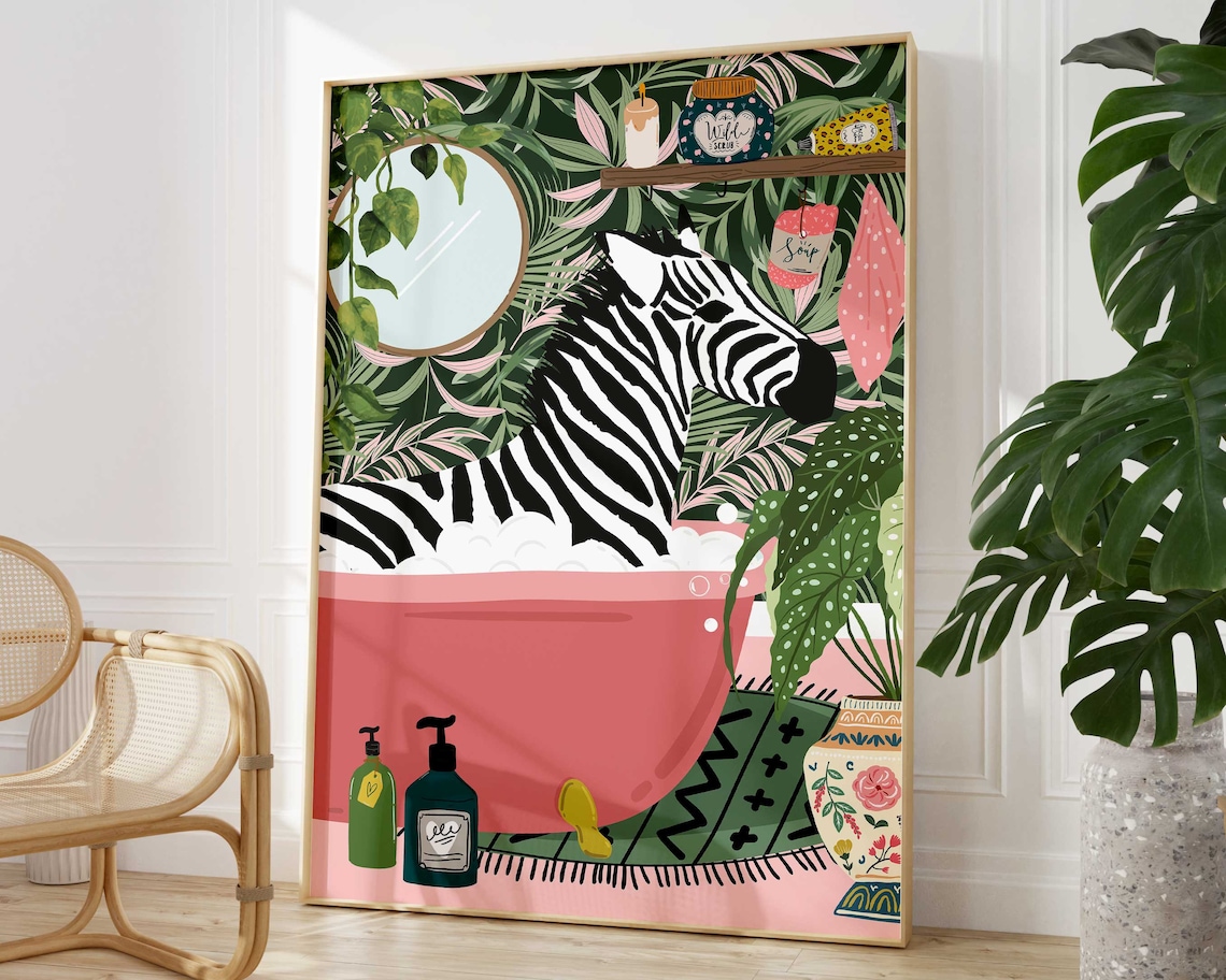 Zebra In Bathtub Boho Bathroom Art Print