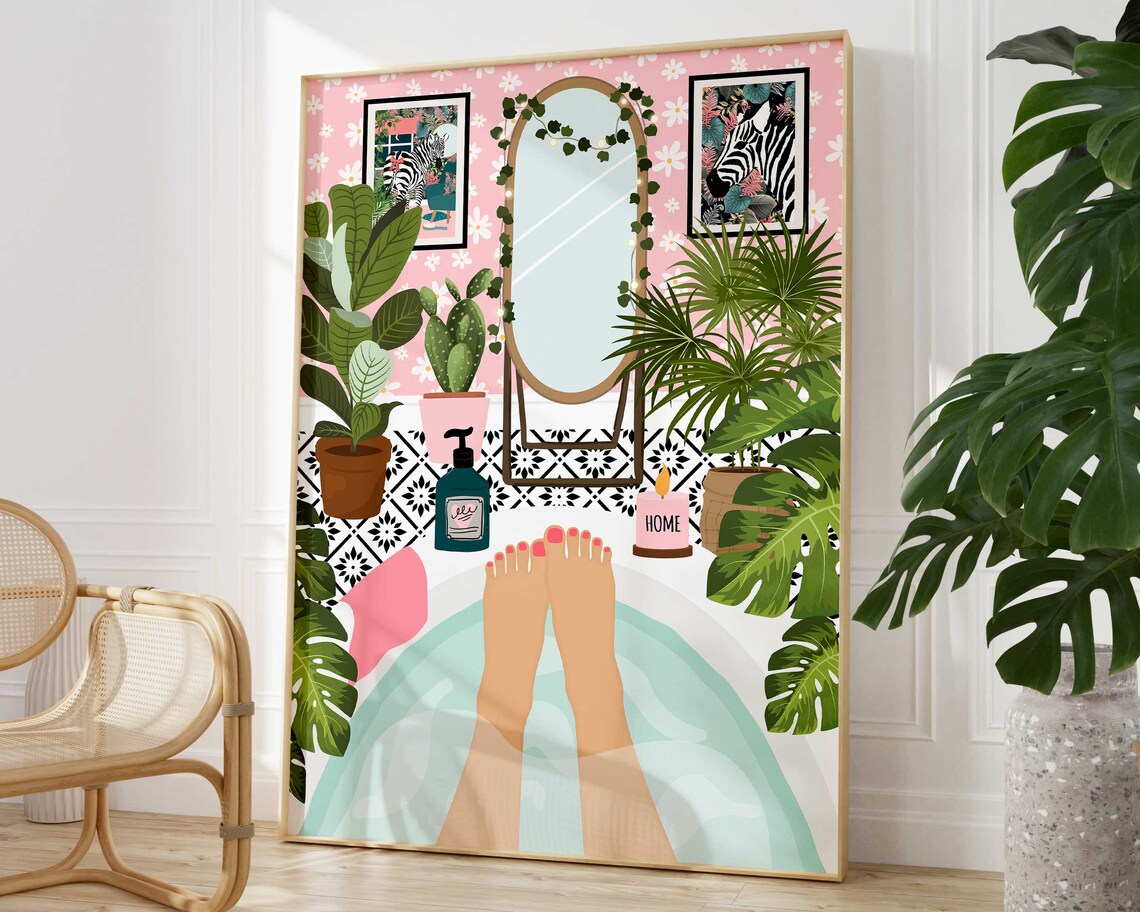 Botanical Bathroom Bathtub Art Print, Boho Tropical