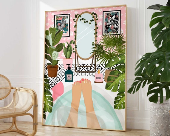 Botanical Bathroom Bathtub Art Print, Boho Tropical