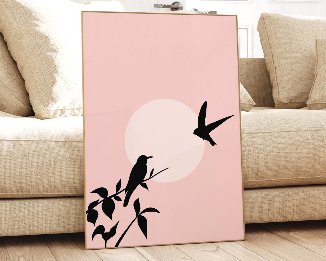 Pink Sunset Bird Silhouettes Minimalist Nature Scenes Poster