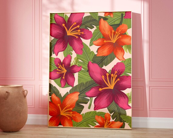 Pink Tropical Wall Art Modern Abstract Flower Print Market Decor Colourful Botanical Floral