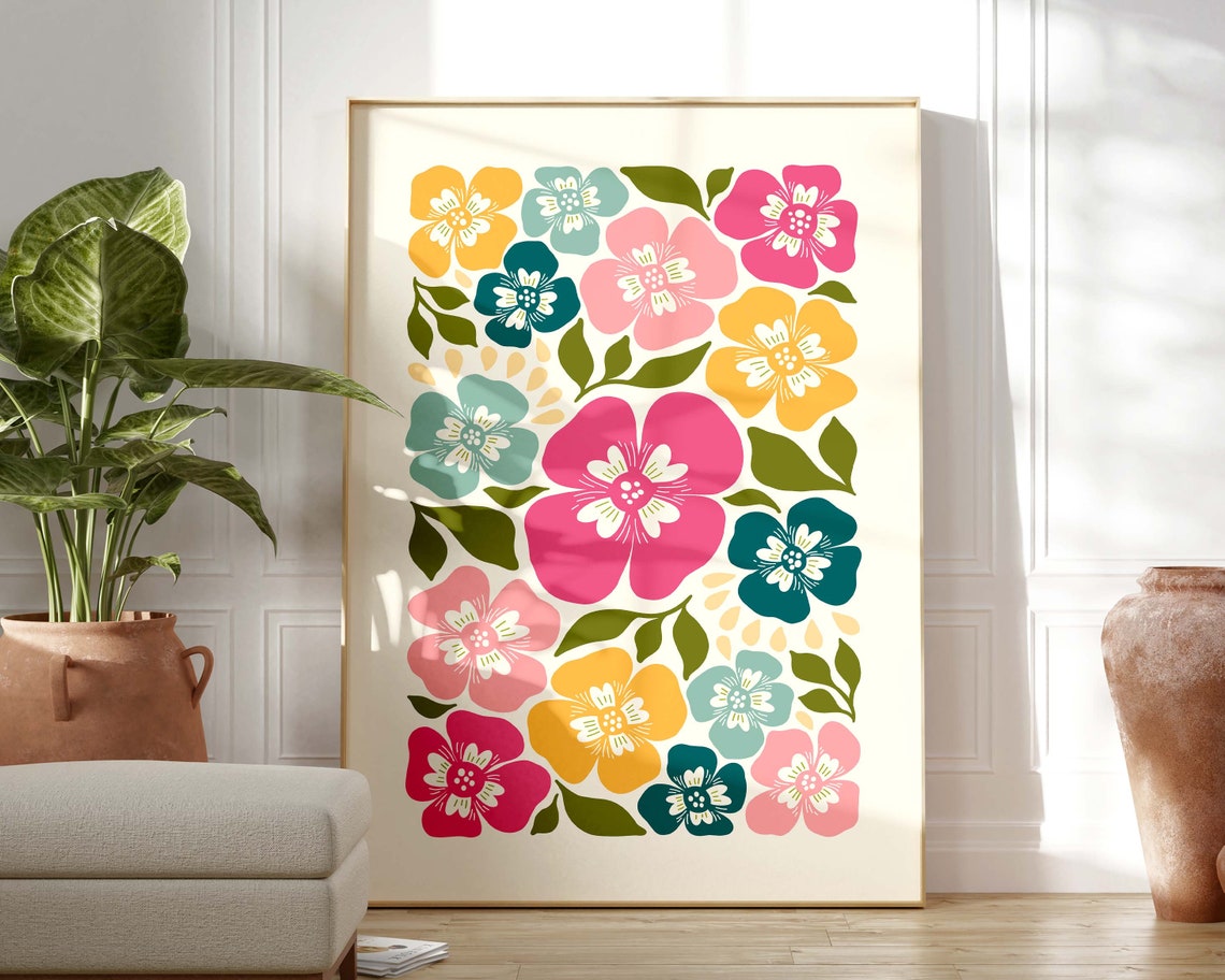 Scandinavian Retro Floral Abstract Pink Teal Yellow Botanical Poster