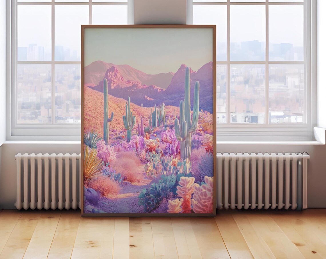 Retro Desert Landscape Cactus Art Print, Vintage Poster