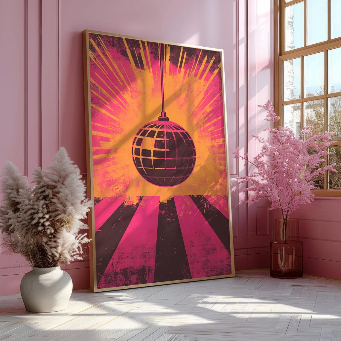Vintage Disco Ball Hanging Sunburst Orange Pink Pop Art Poster - Image 2