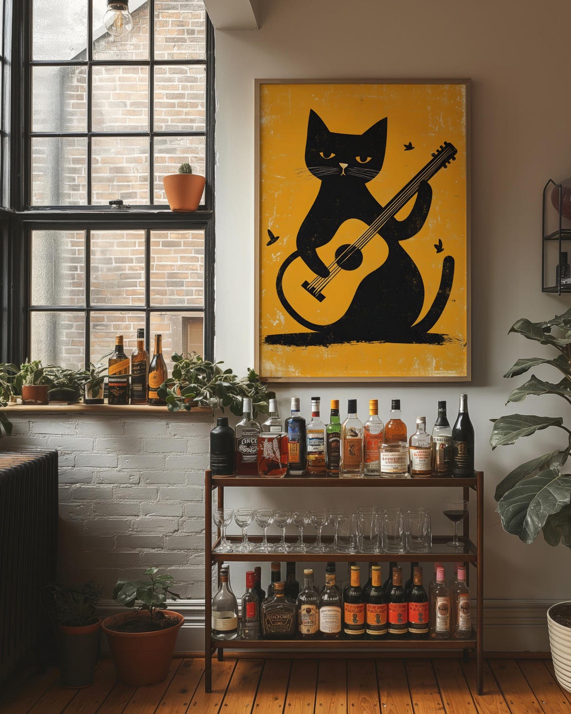 A Black Cat Playing Guitar On A Mustard Yellow Retro Wall Art - Image 3
