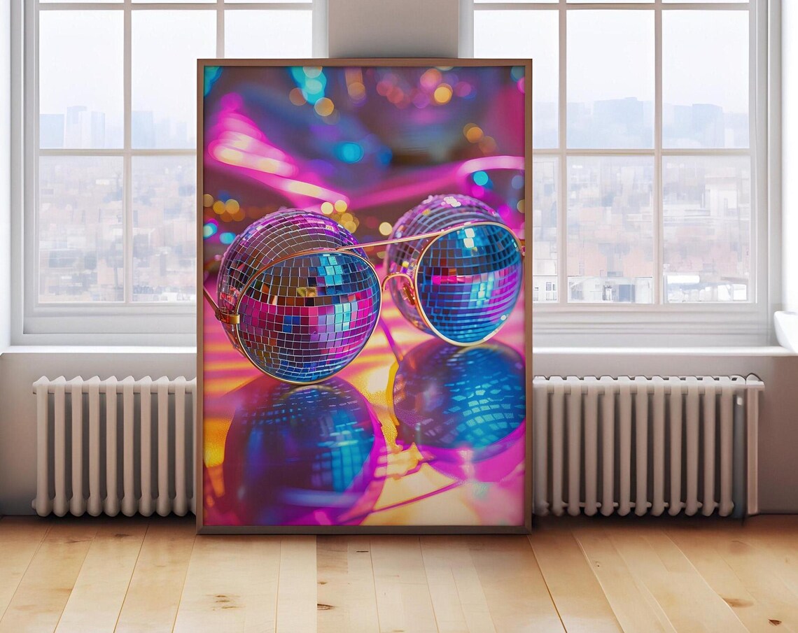 Sunglasses With Disco Ball Lenses In Neon Party Light Poster