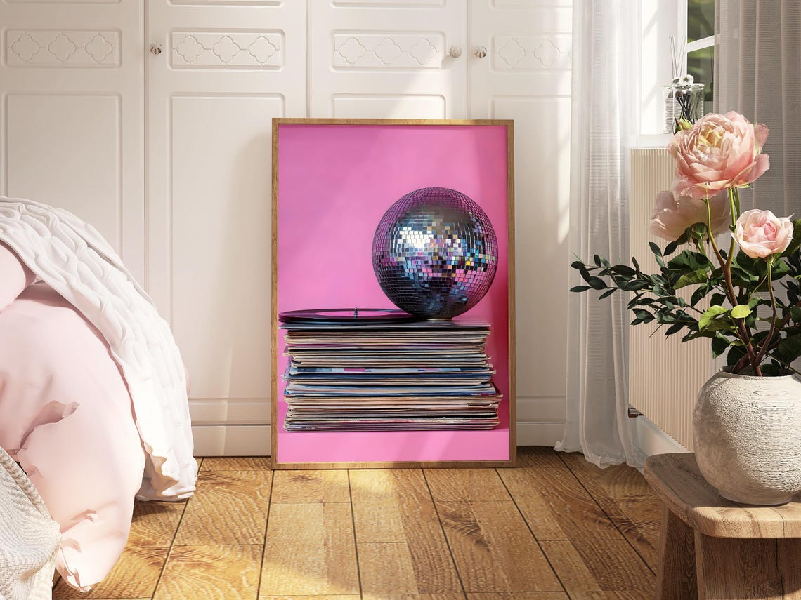 Disco Ball Stack Of Vinyl Records Pink Retro Music Room Wall Poster - Image 2