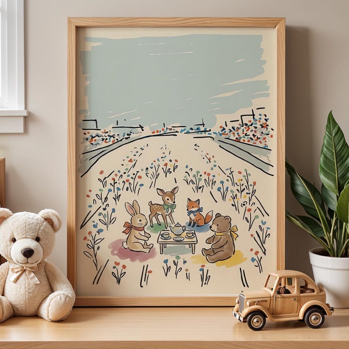 Woodland Animals Tea Party in a Meadow Storybook Nursery Print
