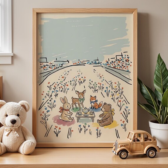 Woodland Animals Tea Party in a Meadow Storybook Nursery Print
