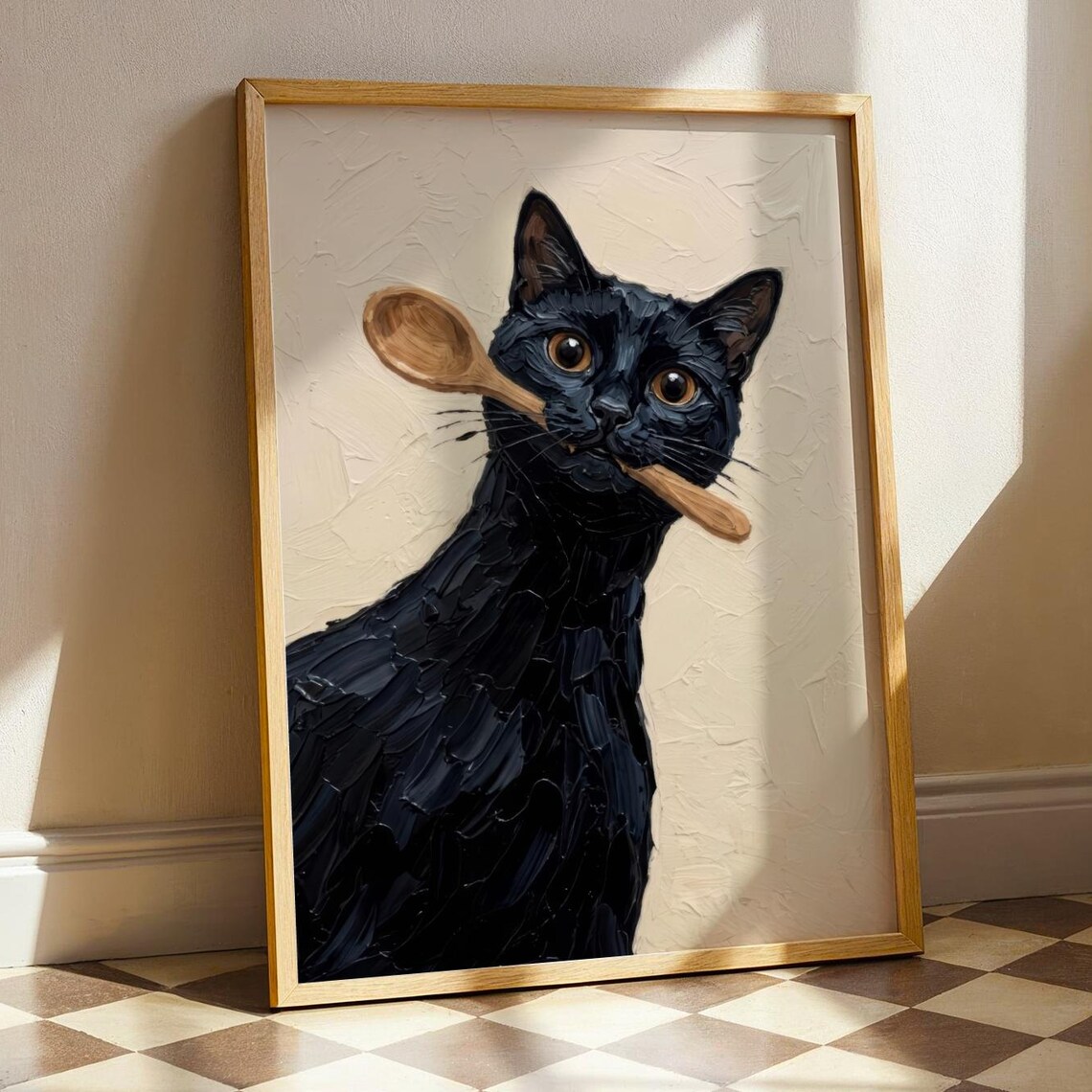 Black Cat Holding Wooden Spoon Funny Kitchen Oil Painting Art Poster
