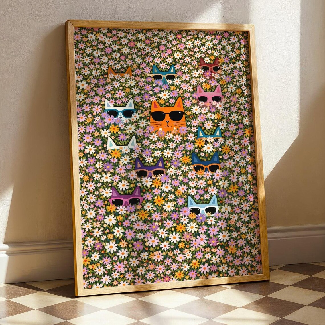 Colorful Garden Cats Pop Art Poster, Klimt Flowers