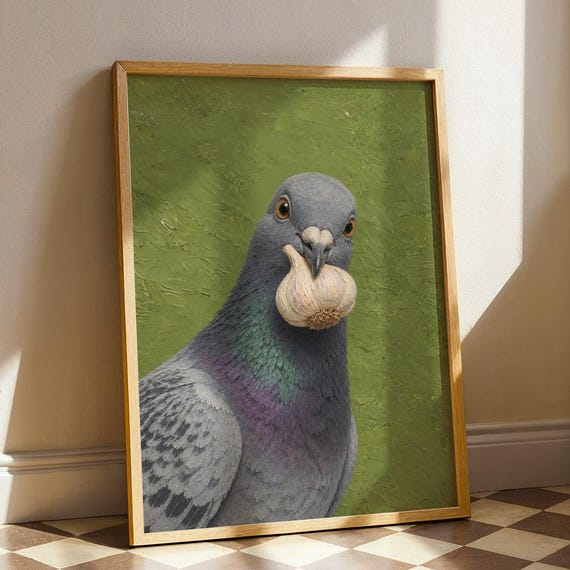 Funny Pigeon Kitchen Art Print Cottagecore Bird With Garlic Poster Whimsical Farmhouse Cooking Decor Unique Chef Gift Digital Download