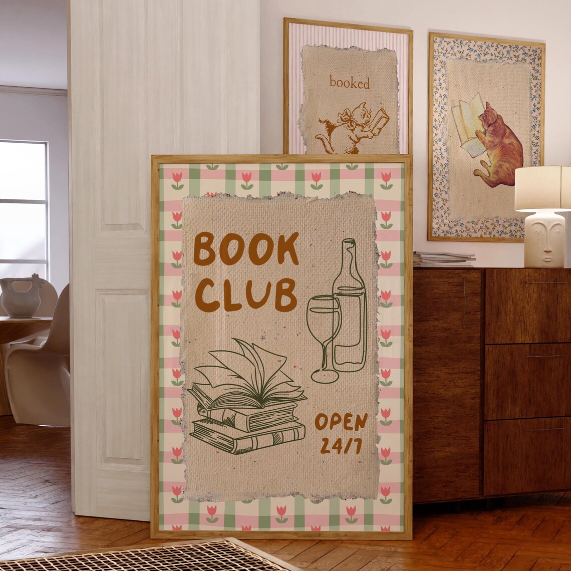 Cozy Vintage Book Club Wine Books Reading Nook Open 24/7 Poster - Image 3